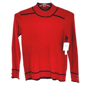 NWT RETROLOGY Womens Red Knit Sweater Long Sleeve Black Buttons Top Mock Neck- S